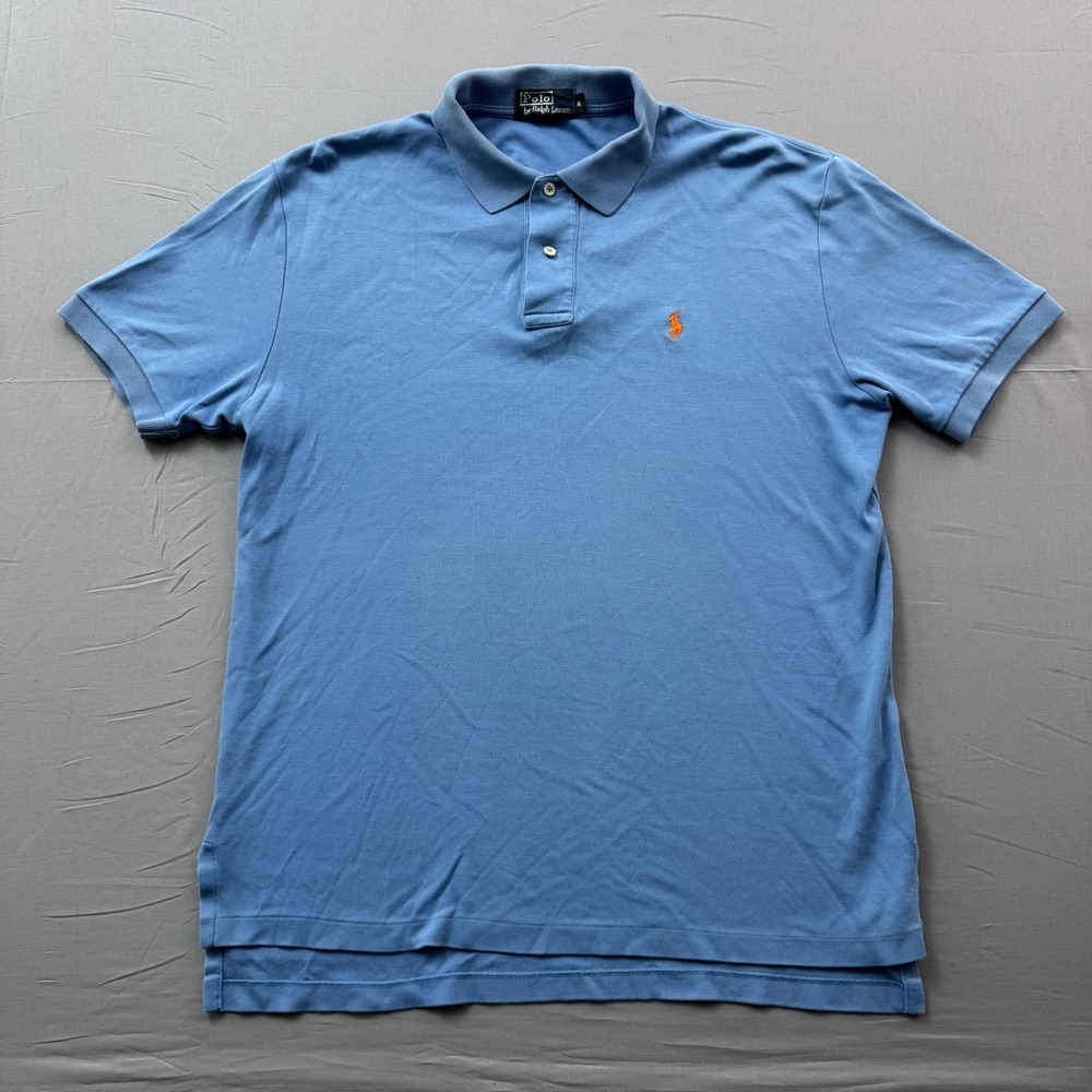 Polo Ralph Lauren Mens Blue Short Sleeve Pique Polo Shirt Orange Pony Size M